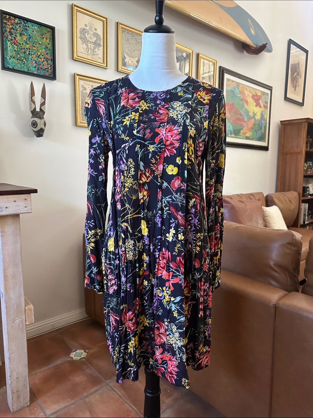 H&M Black Long-Sleeve Floral Swing Dress